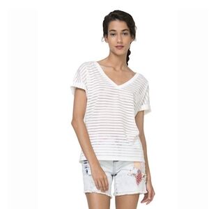 NWT Desigual White T-shirt Striped Sheer medium